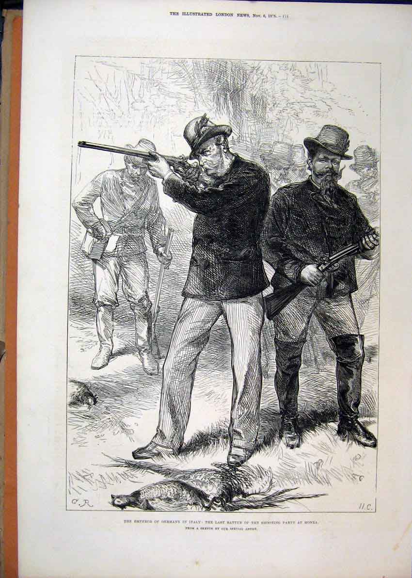 Original Old Antique Print Emperor Germany Italy 1875 Shooting Grouse Monza Bird