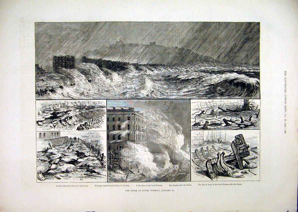Original Old Antique Print Storm Dover Pier 1881 Wreckage Quay Lord Warden 19th