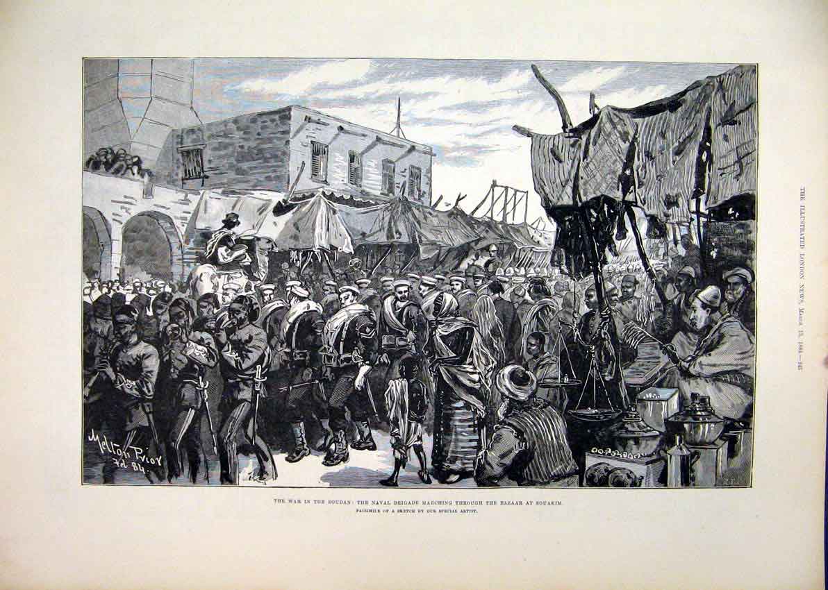 Original Old Antique Print War Soudan Naval Brigade 1884 Bazaar Souakim Marching