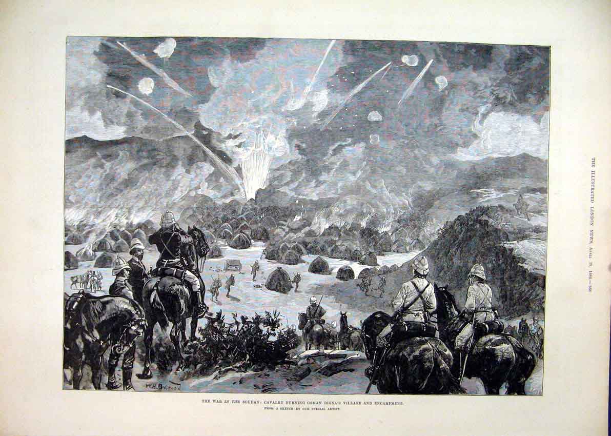 Original Old Antique Print War Soudan 1884 Cavalry Burning Osman Digna Village