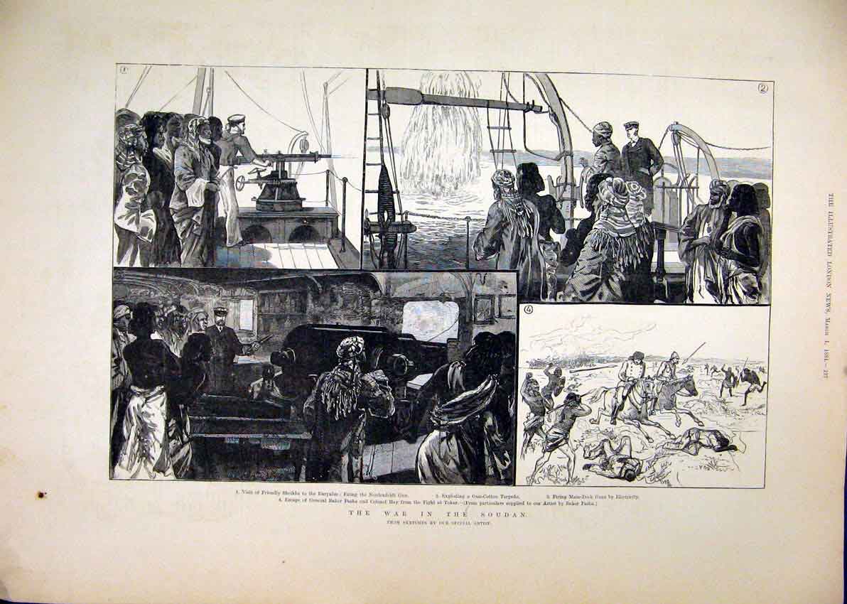 Original Old Antique Print War Soudan 1884 Fight Tokar Gun-Cotton Torpedo Sketch