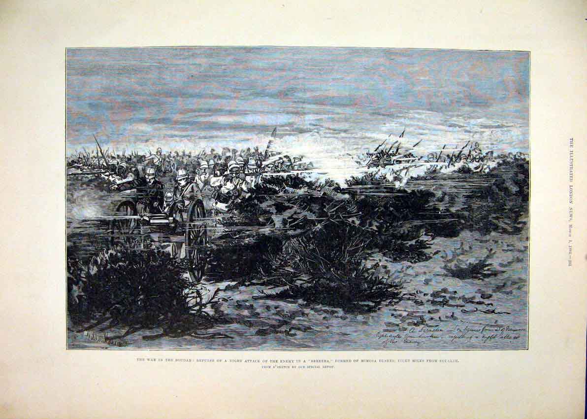 Old Antique Print 1884 War Soudan Night Attack Enemy Sereeba Mimosa Bush 19th