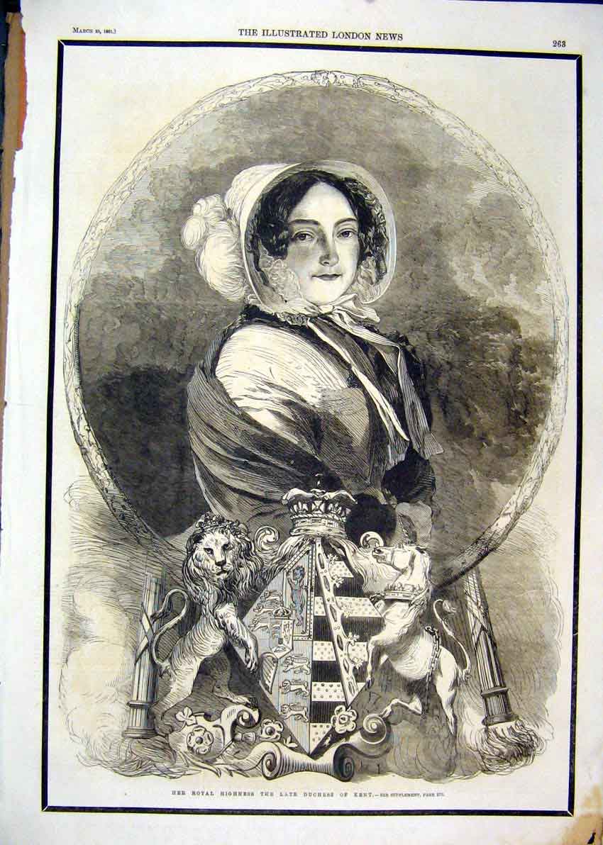 Original Old Antique Print Portrait Royal Highness Late Duchess Kent 1861 Lion