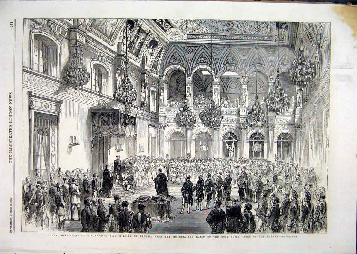 Original Old Antique Print 1861 King William Prussia Noble Garter Investiture