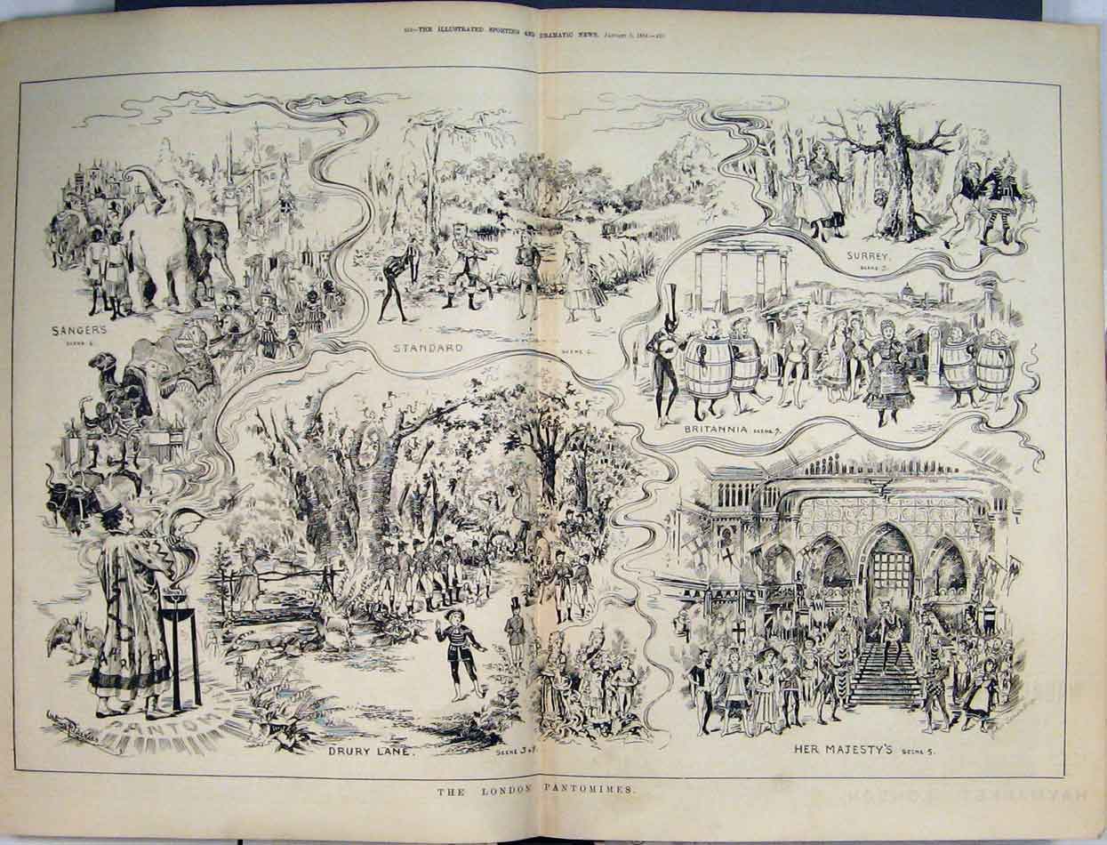 Old Antique Print 1884 Scene London Pantomimes Drury Lane Majesty Surrey 19th