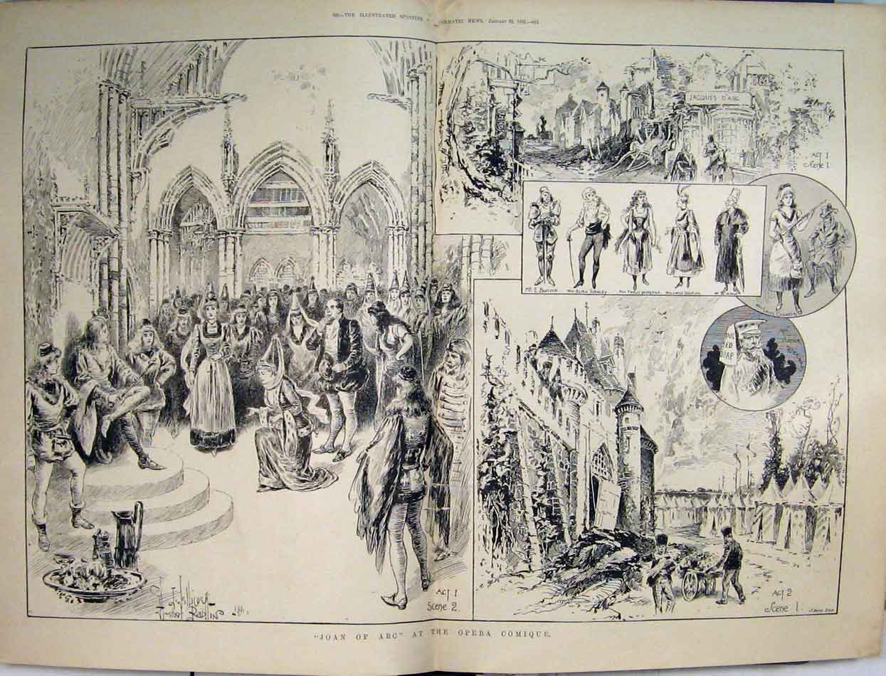 Original Old Antique Print 1891 Scenes Joan Arc Opera Comique Theatre Victorian