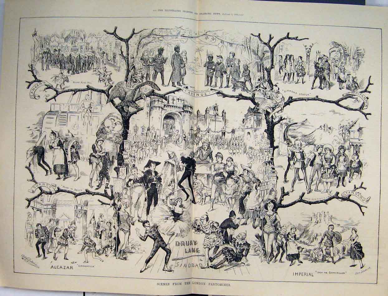 Original Old Antique Print London Pantomimes 1883 Drury Lane Imperial Alcazar