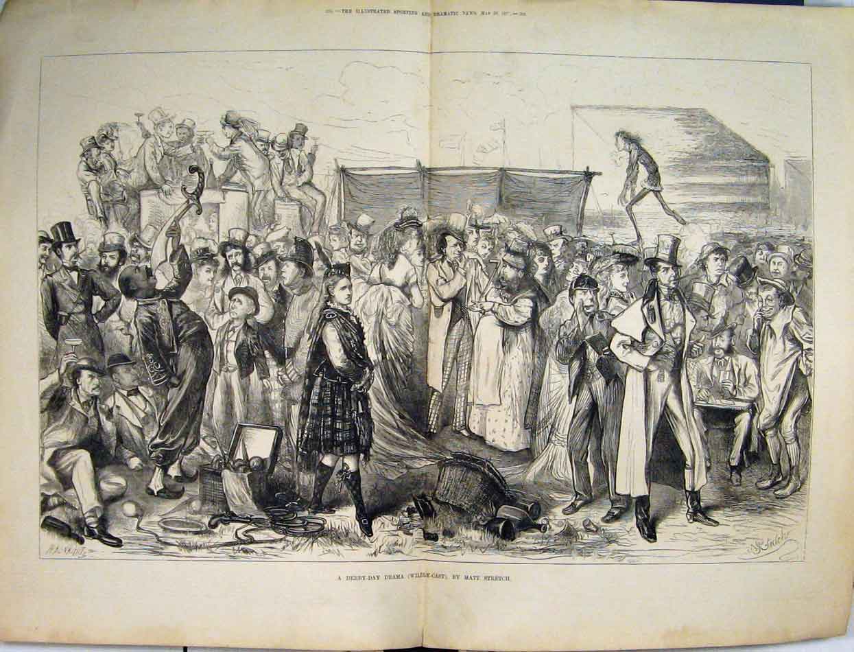 Original Old Antique Print 1875 Derby Day Drama Wildly-Cast People Basket 19th