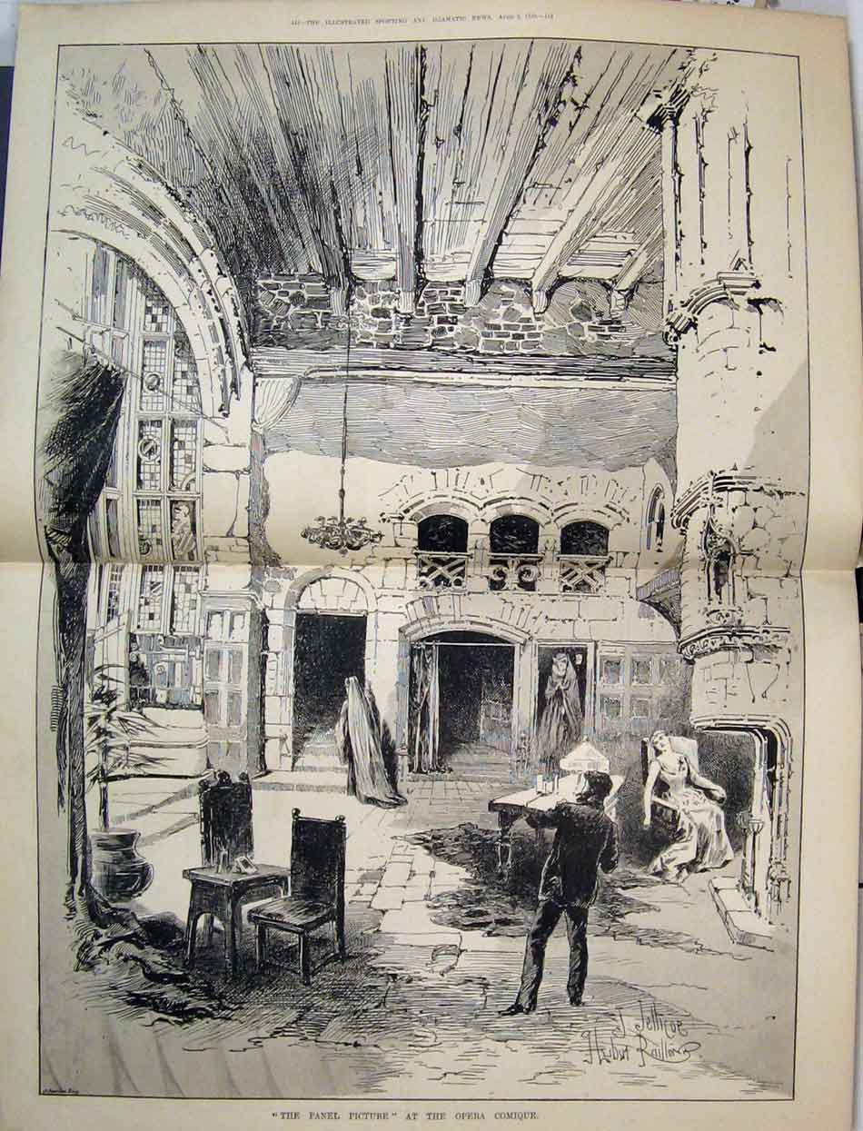 Original Old Antique Print 1889 Panel Picture Opera Comique Scene Woman Chair