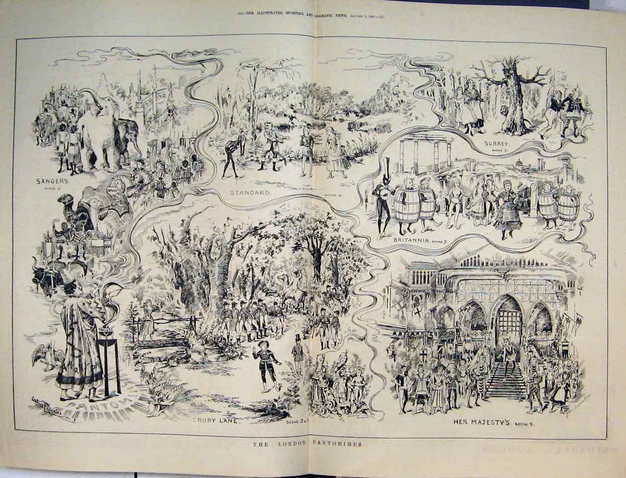 Original Old Antique Print London Pantomimes 1884 Sangers Standard Surrey Drury