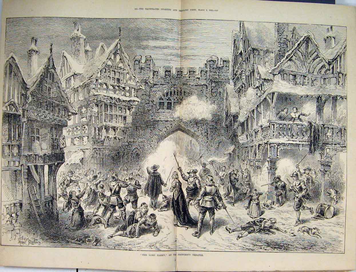 Original Old Antique Print Street Scene Lord Harry 1886 Princess Theatre 19th