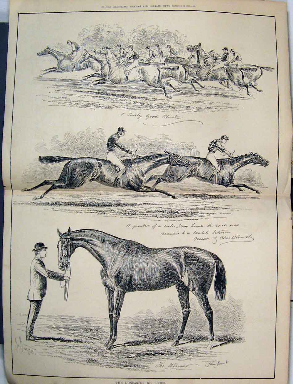 Original Old Antique Print 1883 Doncaster St. Leger Horse Racing Jockey 19th