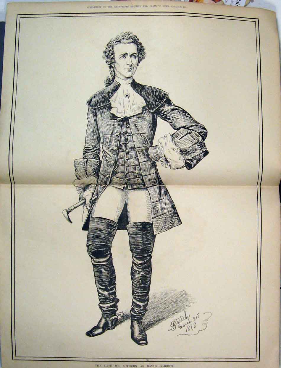 Original Old Antique Print 1881 Portrait Mr Sothern David Garrick Theatre 19th