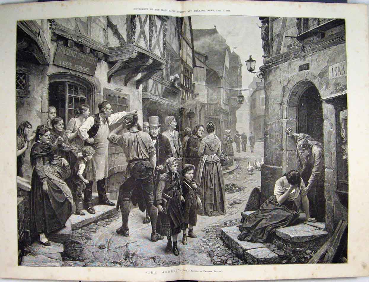 Original Old Antique Print 1882 Street Scene Police Arrest Families Art 19th