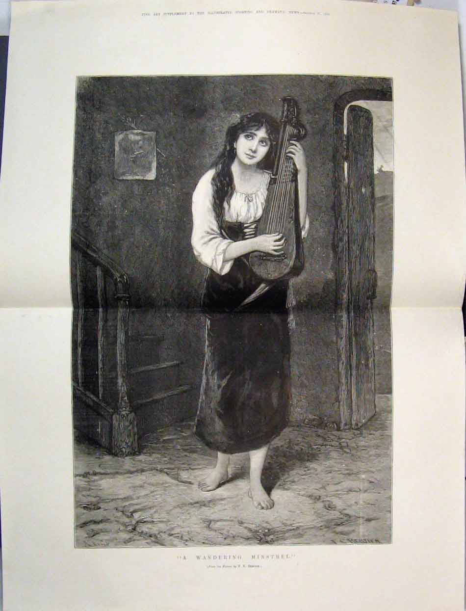 Original Old Antique Print 1883 Wandering Minstrel Young Woman Music Victorian