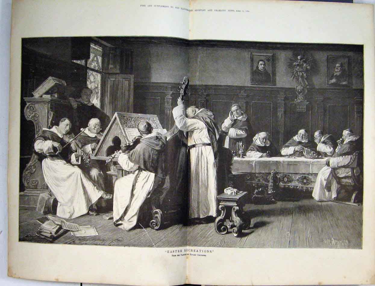 Original Old Antique Print 1884 Easter Recreations Monks Music Eduard Grutzner