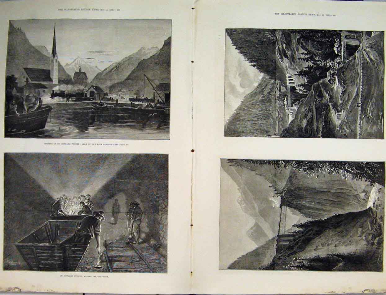 Original Old Antique Print 1882 Gothard Tunnel Miners Railway Bridge Reuss Wasen