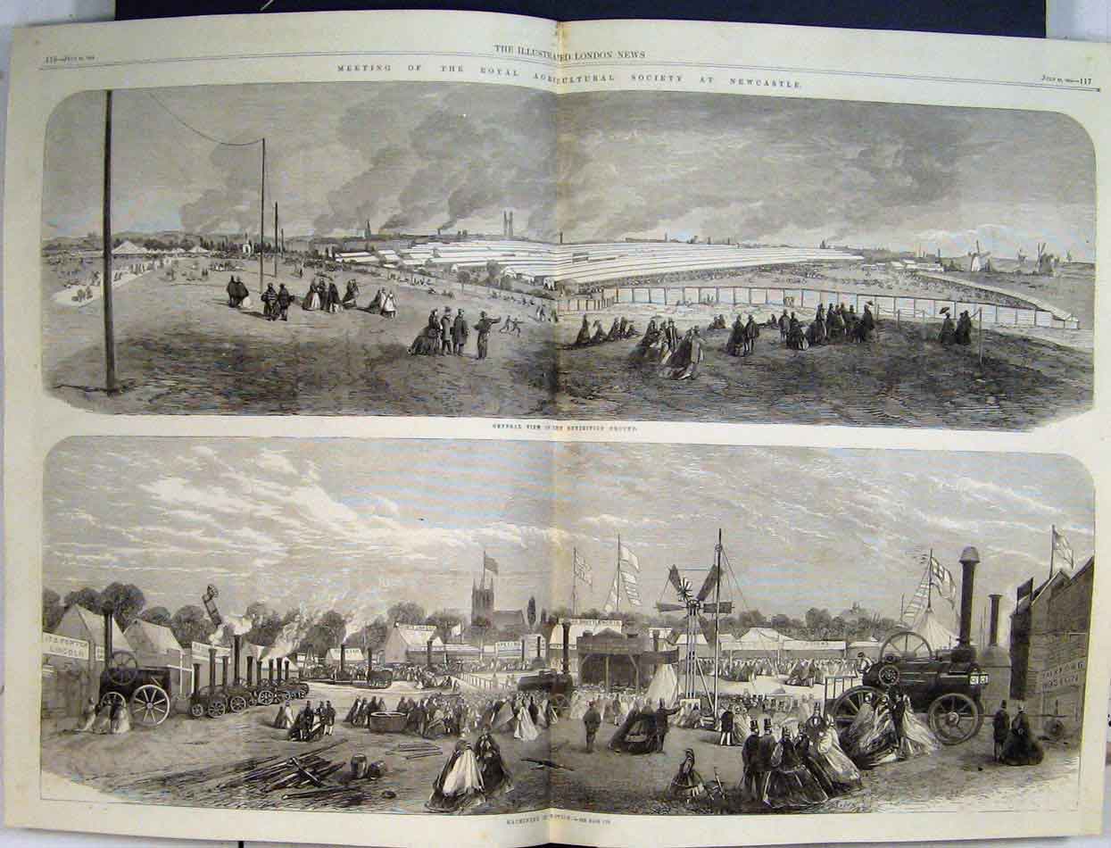 Original Old Antique Print 1864 Agricultural Society Newcastle Machinery Grounds