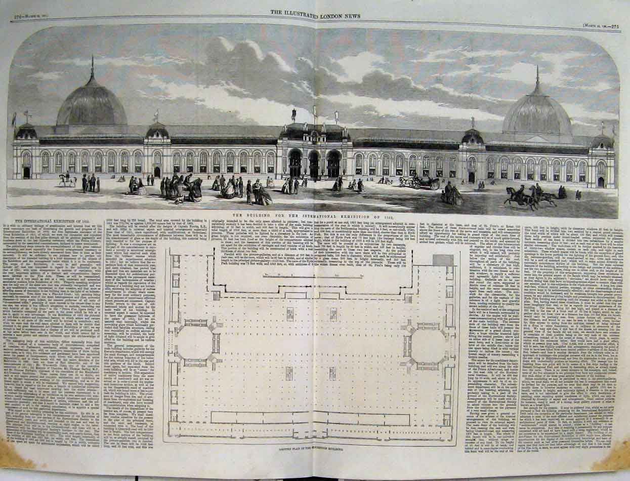 Original Old Antique Print 1861 Building International Exhibition Ground Plan