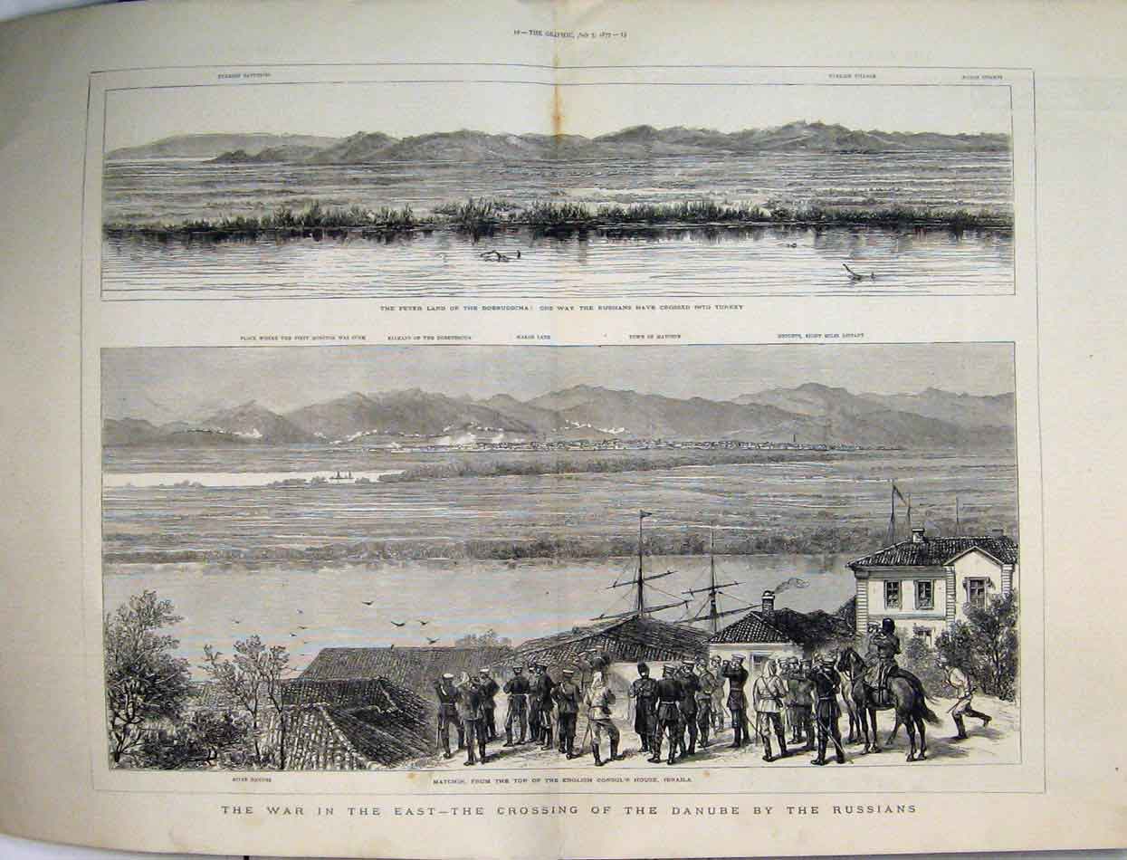 Original Old Antique Print War East 1877 Danube Russians Constantinople Turks