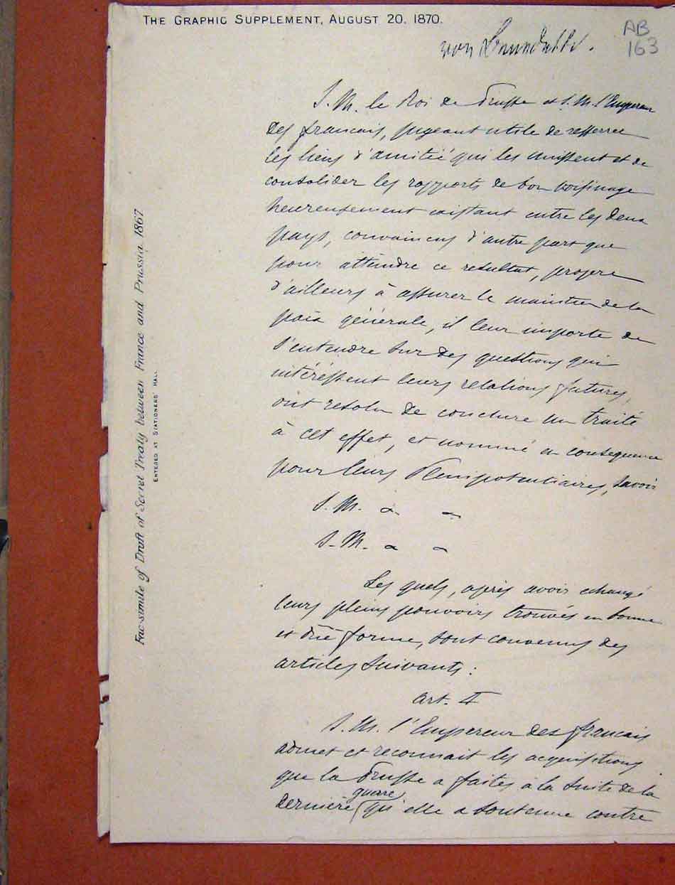 Original Old Antique Print 1870 Fac-Simile Draft Secret Treaty France Prussia