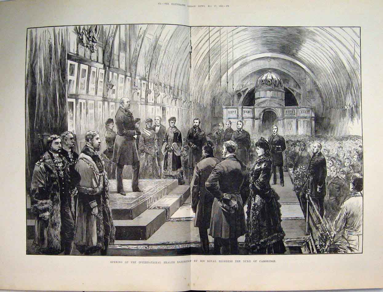 Original Old Antique Print International Health Exhibition 1884 Duke Cambridge