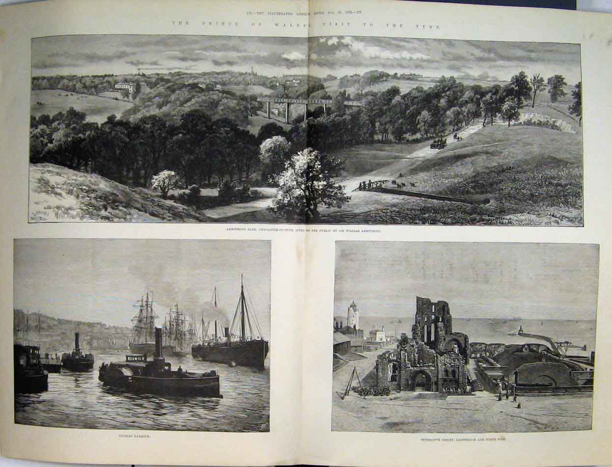 Original Old Antique Print Prince Wales Tyne 1884 Armstrong Park Shields Harbour