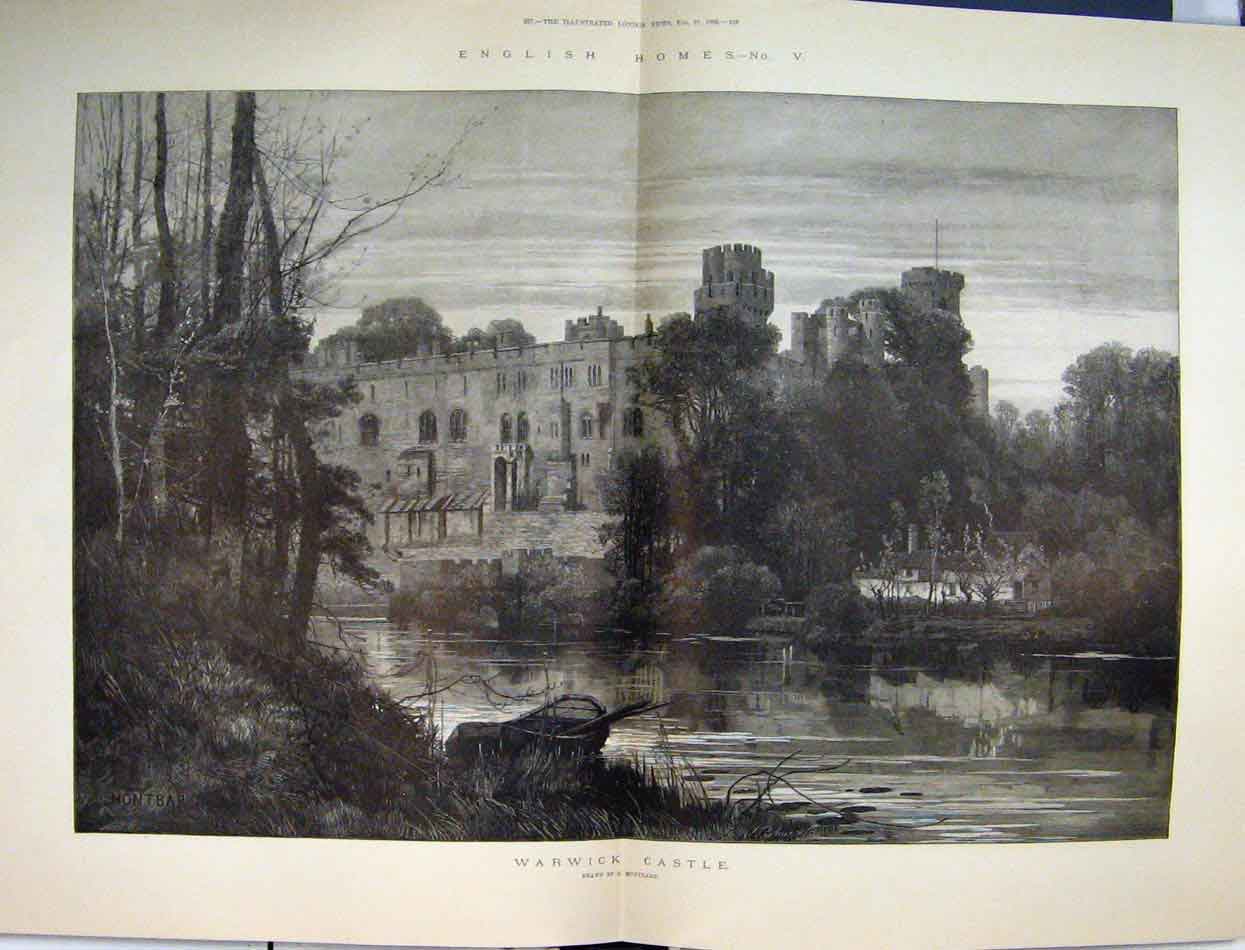 Old Antique Print English Homes 1886 Warwick Castle Earl Tower Weir Moat 19th