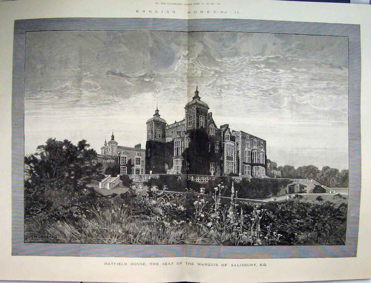 Original Old Antique Print English Homes 1885 Hatfield House Marquis Salisbury