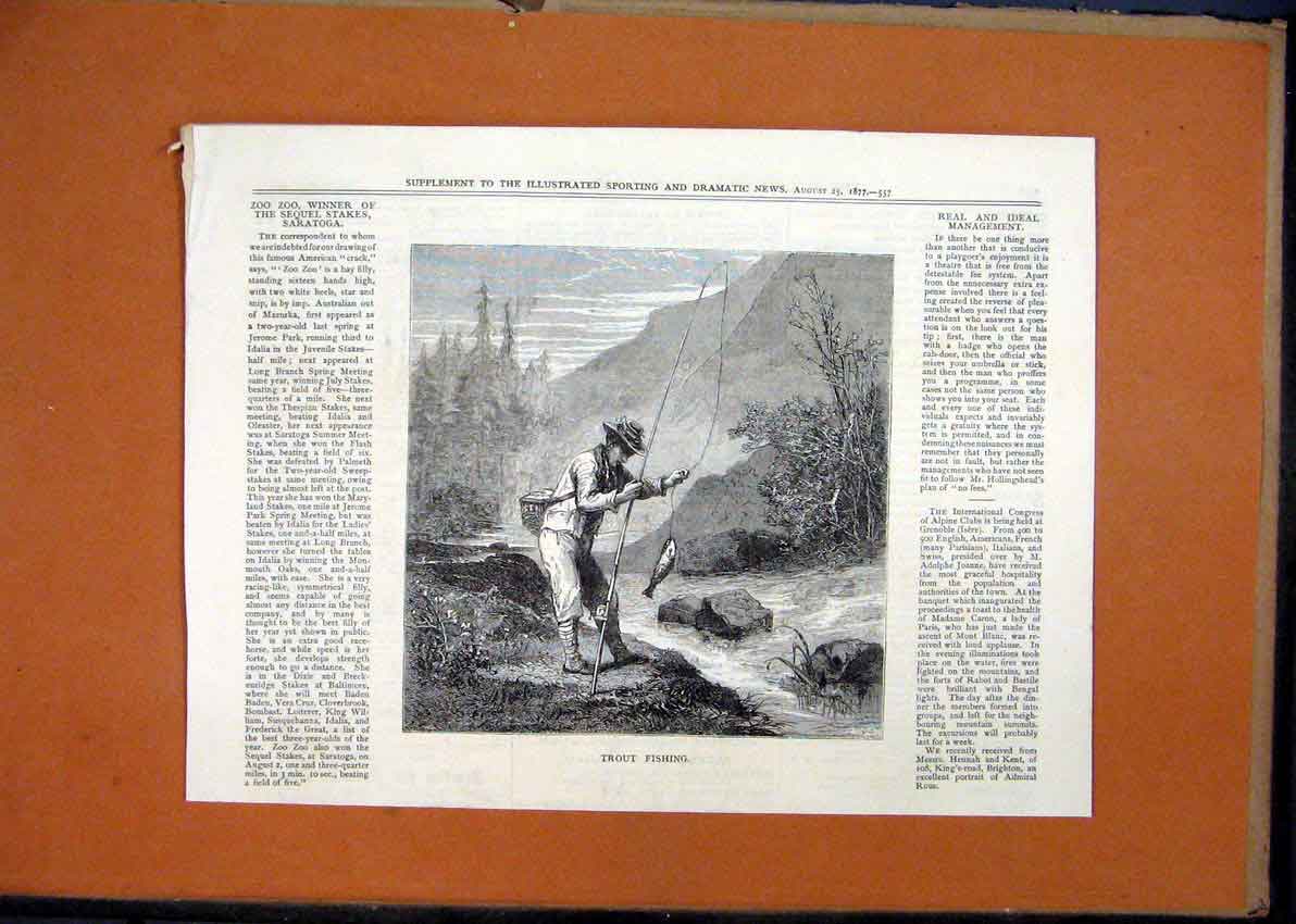 Original Old Antique Print 1877 Man Trout Fishing River Mountain Scene Victorian