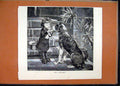 Original Old Antique Print Little Girl Feeding Big Dog Door Step C1870 Basket