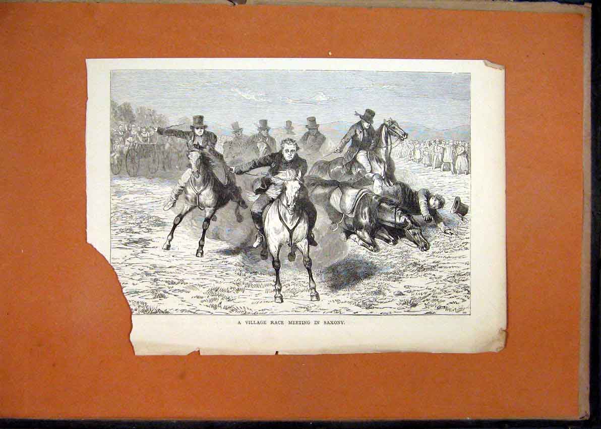 Original Old Antique Print Village Race Meeting Saxony Horse Racing