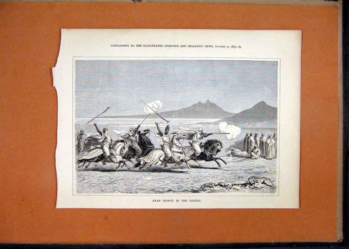 Original Old Antique Print 1877 Arab Sports Desert Horses Sand 19th