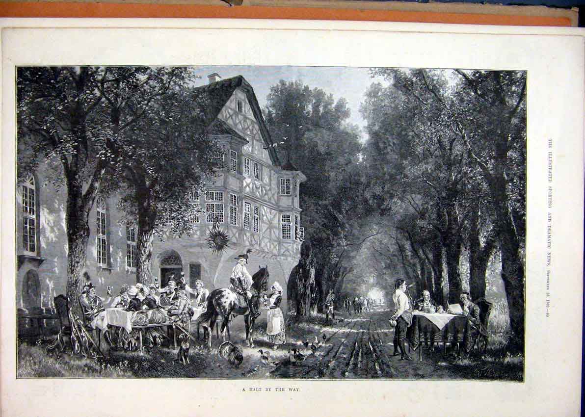 Old Antique Print 1889 Country Scene Lunch Party Building Table Trees Dog 19th