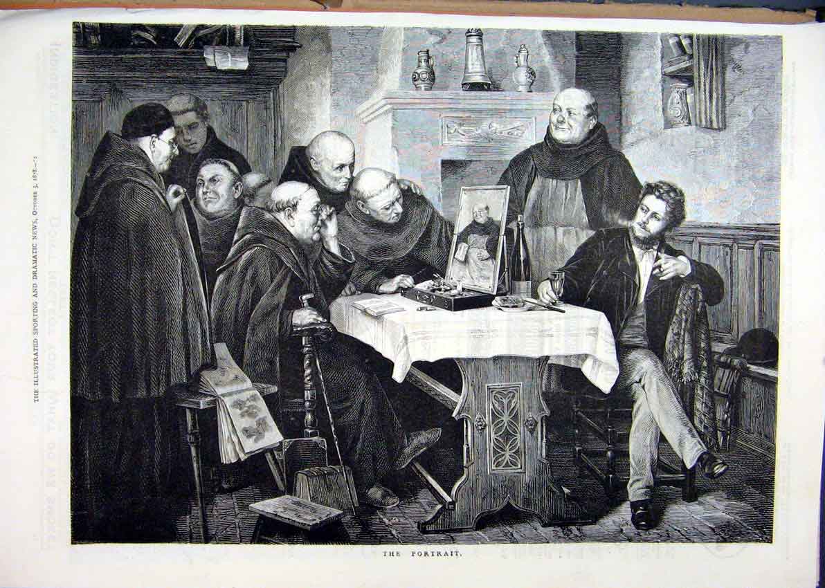 Original Old Antique Print 1878 Portrait Monks Table Men Drinking Fine Art 19th
