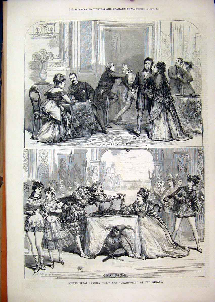 Original Old Antique Print Scenes Family Ties 1877 Champagne Strand Theatre 19th