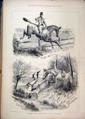 Original Old Antique Print 1877 Hunting Field Horse Jumping Falling Ditch 19th