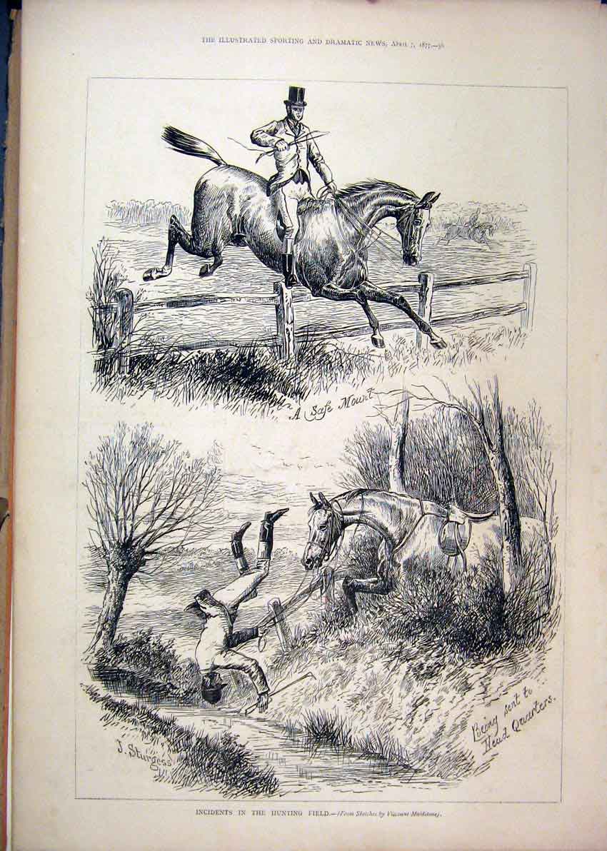 Original Old Antique Print 1877 Hunting Field Horse Jumping Falling Ditch 19th
