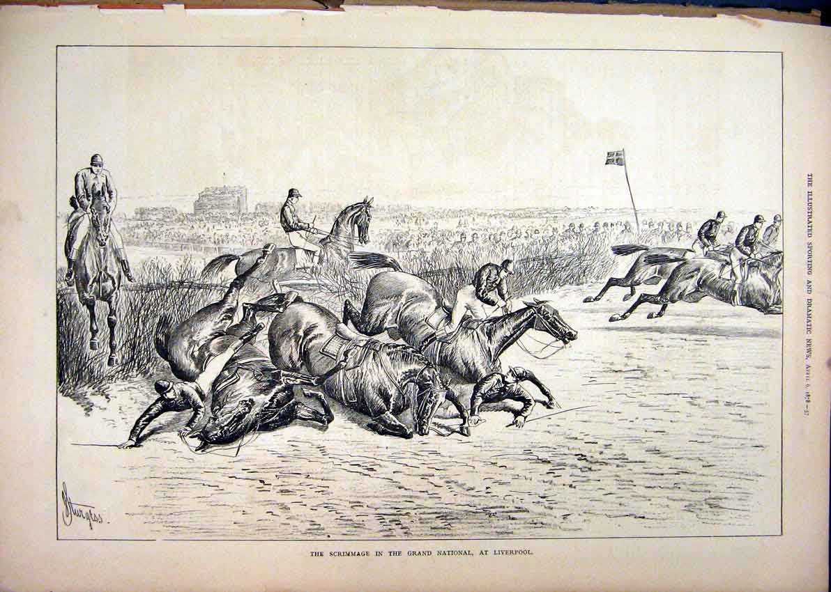 Original Old Antique Print 1878 Scrimmage Grand National Liverpool Horse Racing
