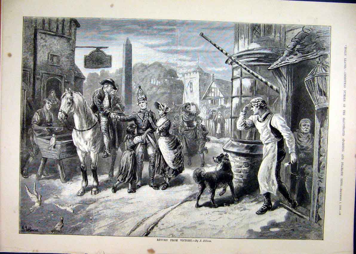 Original Old Antique Print Man Horse 1886 Village Scene Dog Sier War Birds 19th