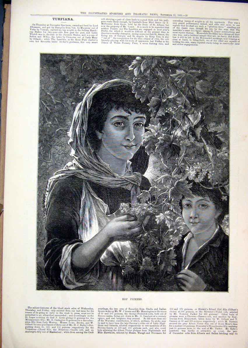 Original Old Antique Print 1883 Hop Pickers Woman Young Boy Plant Fine Art 19th