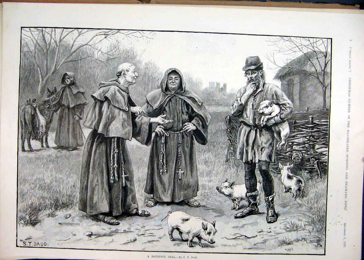 Original Old Antique Print 1891 Country Scene Monks Man Pig Donkey Basket 19th