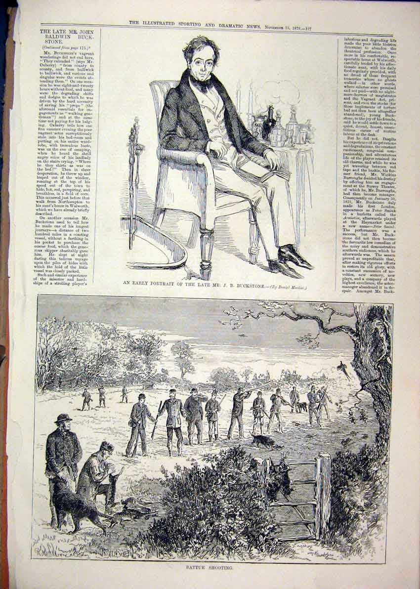 Original Old Antique Print Battue Shooting Men Guns 1879 Portrait Buckstone 19th
