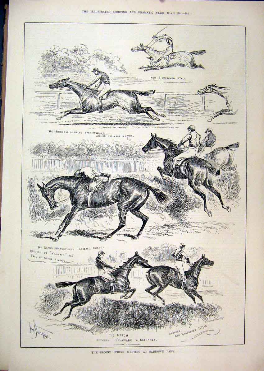 Original Old Antique Print 1884 Spring Meeting Sandown Park Horse Racing Jumping