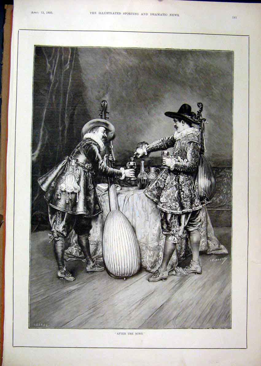 Original Old Antique Print 1895 Men Drinking Table Music Costume Fine Art 19th