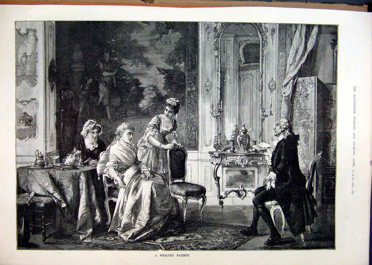 Original Old Antique Print 1891 Wealthy Patient Man Sitting Chair Women Tea 19th