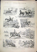 Original Old Antique Print 1892 Hunting Horses Coach Jumping Fence Hounds 19th