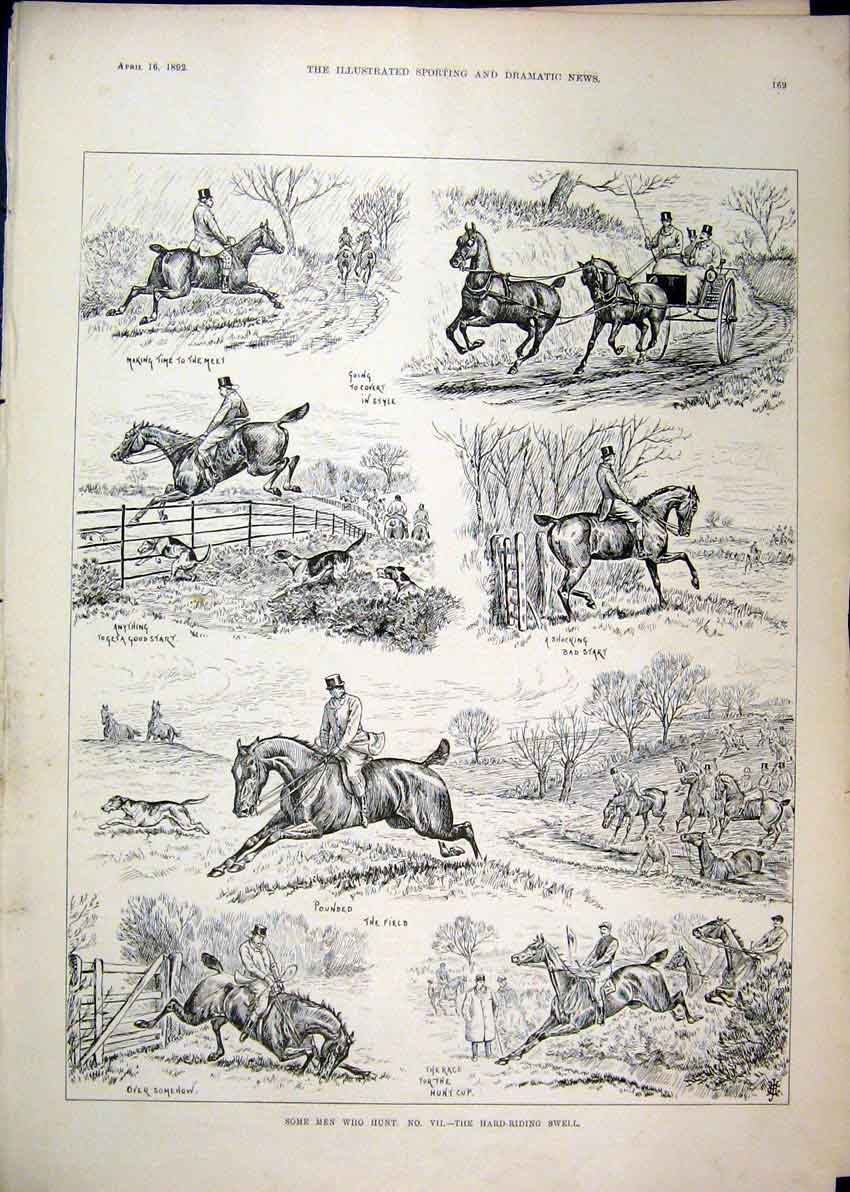 Original Old Antique Print 1892 Hunting Horses Coach Jumping Fence Hounds 19th