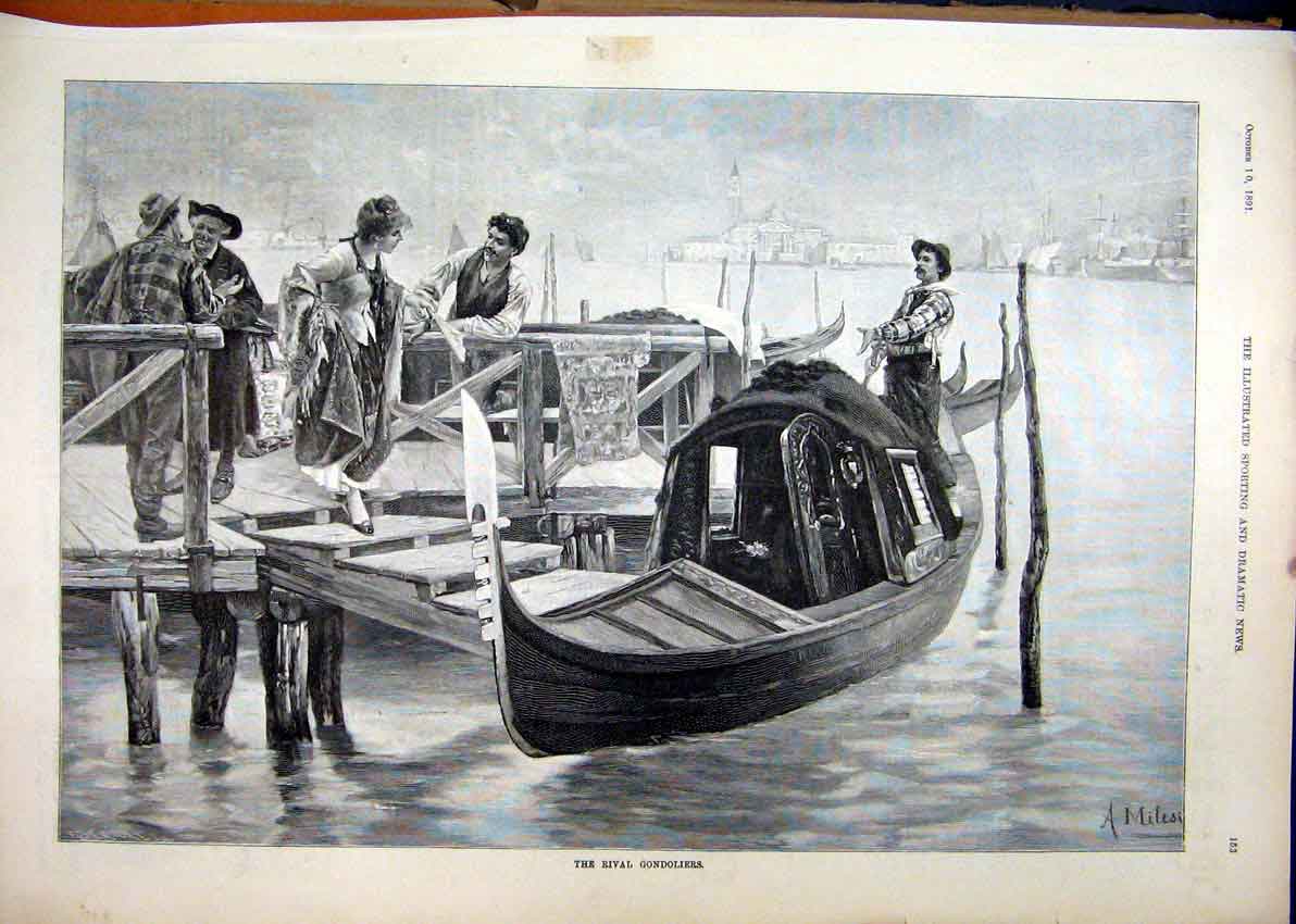 Original Old Antique Print 1891 Gondoliers River Romance Pier Fine Art Victorian