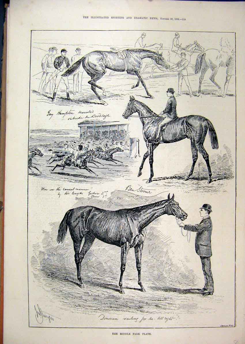 Original Old Antique Print 1888 Middle Park Plate Horse Racing Grand Stand 19th